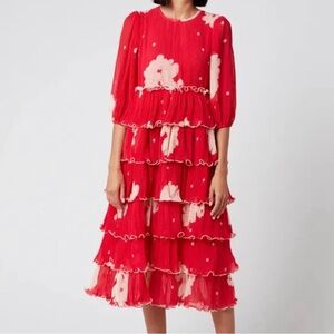 NWOT Ganni Floral Georgette Midi Dress in Red, Size 34